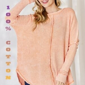 Peachy Waffle Oversized Washed Long-Sleeve Top